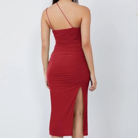 Xs red BAE One Shoulder Split Thigh Ruched Bodycon Dress - Picture 2 of 5